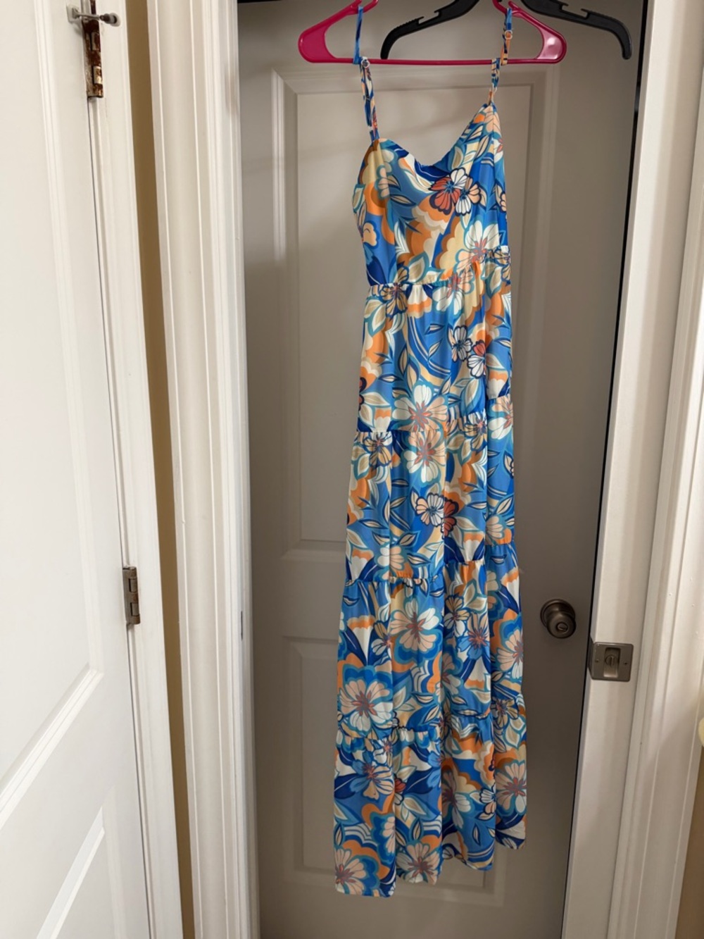 Blue Floral Maxi Dress with Orange Accents